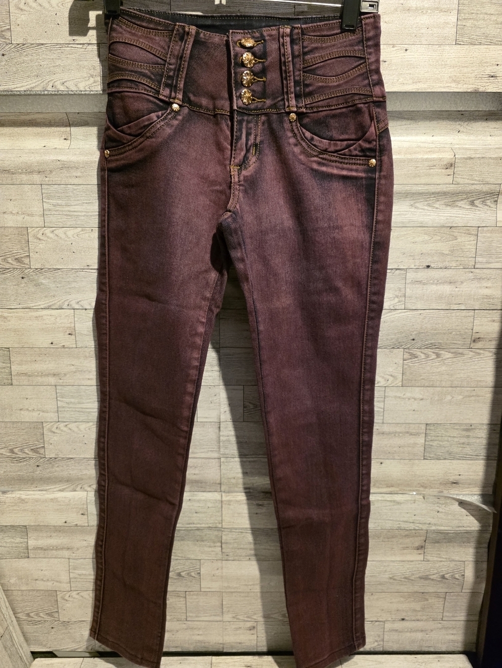 High-Rise Skinny Jeans in Wine with Decorative Button Fly